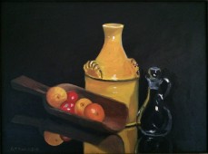 Still life with yellow jug, wooden scoop, glass cruet