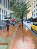Rainy day on city street with umbrellas and woman running for yellow taxi