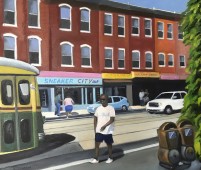 Trolley and people on Girard Ave