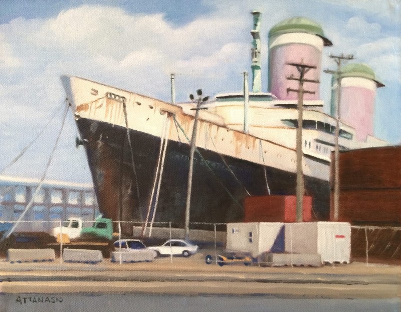 Passenger ship SS United States at pier in Philadelphia, with shipping containers and pier vehicles